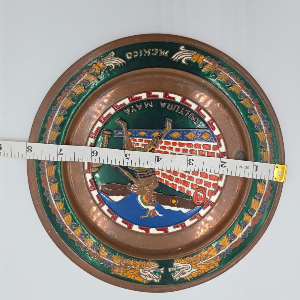 Vintage Mexico Copper/Brass Enamel Aztec Cultura Maya Plate 8" Patina - Picture 5 of 7
